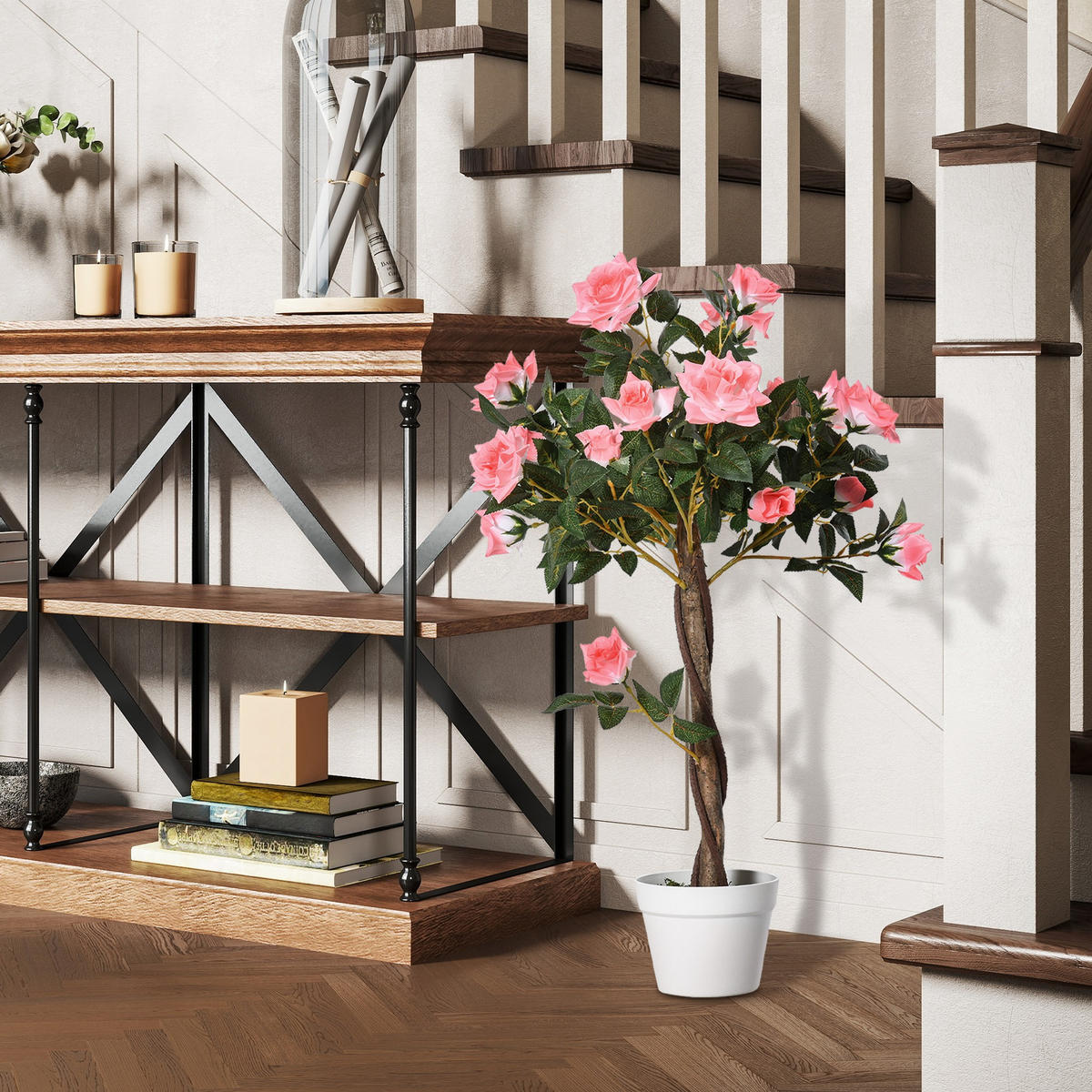 KÜNSTLICHE Rosenpflanzen groß 90 cm Kunstpflanze Rosenbaum für Wohnzimmer - Rosa, Kunststoff (90cm) - Outsunny