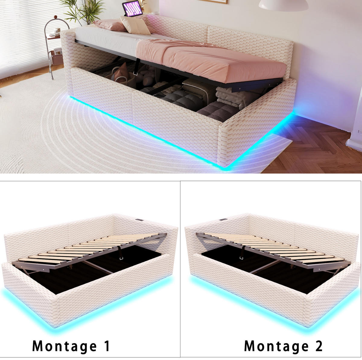 POLSTERBETT 90/200 cm in Beige mit LED-Beleuchtung und USB- und Type-C-Anschlüssen - Beige, Textil (90/200cm) - Flora Grace
