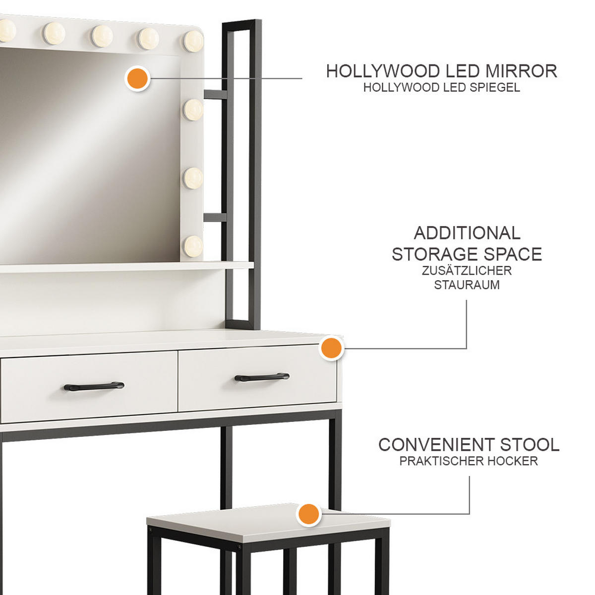 SCHMINKTISCH Luvia Weiß 90 cm mit LED-Beleuchtung und Hocker - Schwarz/Weiß, Holzwerkstoff (90/146/40cm) - Vicco