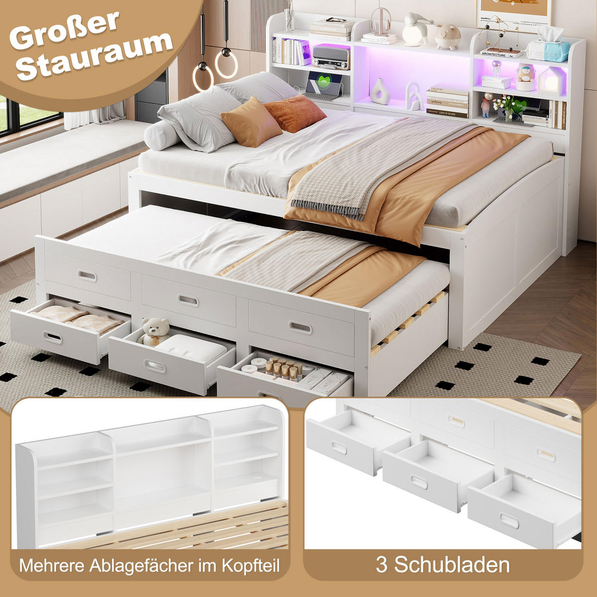 TAGESBETT 140/200 cm Weiß mit LED-Fernbedienung und 3 Schubladen - Weiß, Holzwerkstoff (140/200cm) - OKWISH