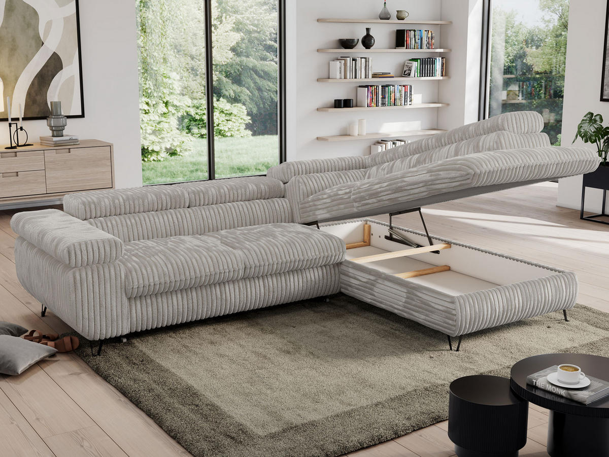 ECKSOFA PEDRO L Hellgrau Cord - Rechts Seite - Hellgrau/Schwarz, Textil/Metall (273/208cm) - MKS