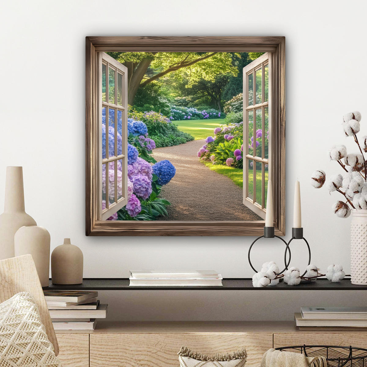 LEINWANDBILD Aussicht - Garten - Fenster - Hortensie - Blumen Wandbild Wohnzimmer 50x50 cm - Pastellblau, Textil (50/50cm) - MuchoWow