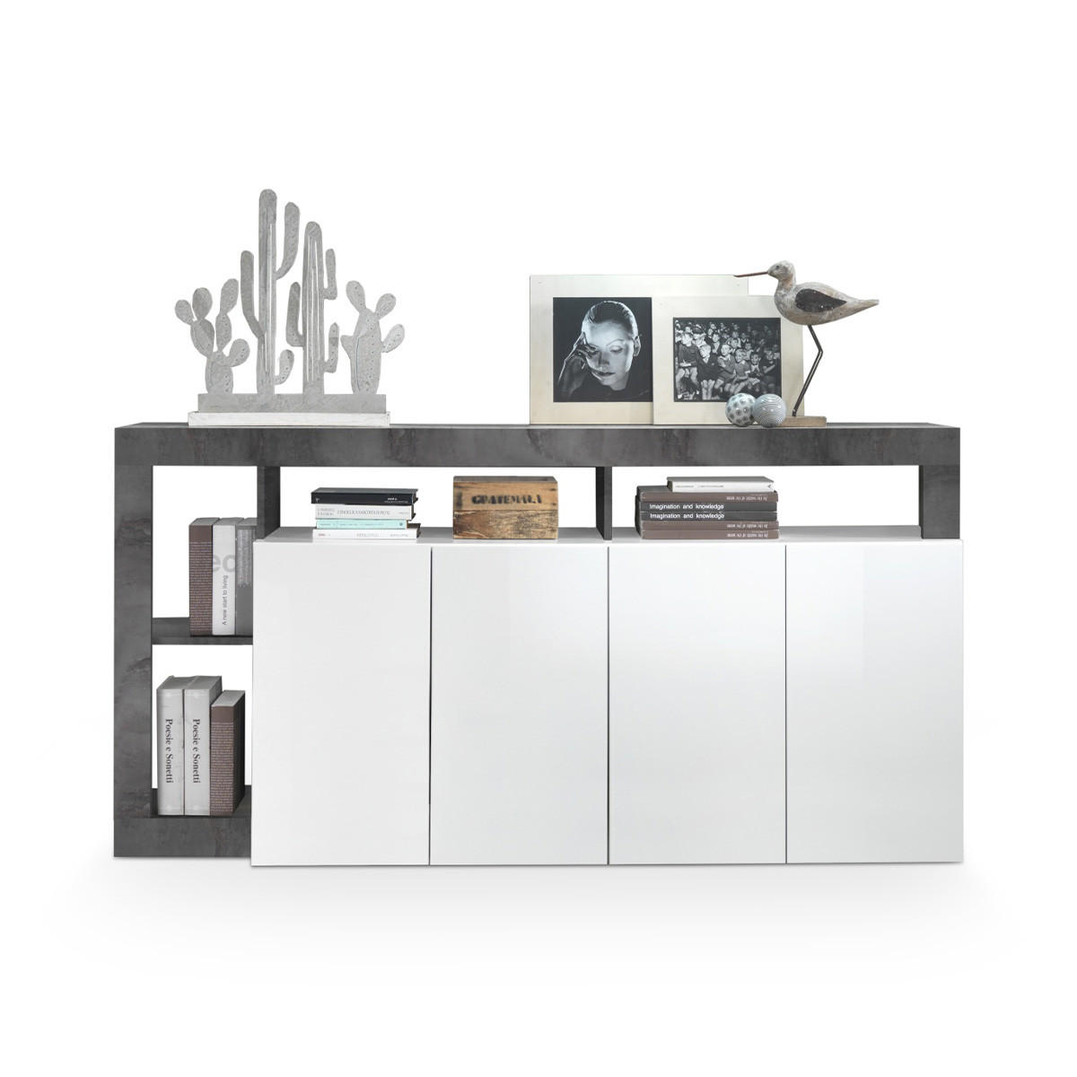 SIDEBOARD 4 Türen Frankfurt - L184 cm - Weiß/Grau, Holz (184/93/42cm) - Vente-Unique
