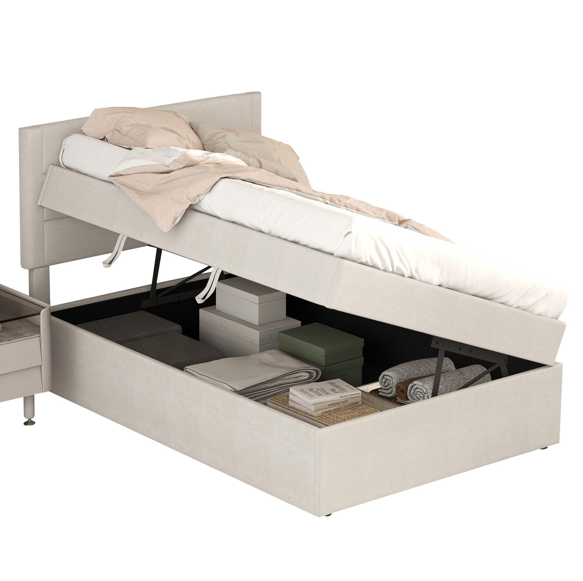 POLSTERBETT 90/200 cm Beige mit Stauraum und Lattenrost - Beige, Holzwerkstoff (90/200cm) - Flora Grace