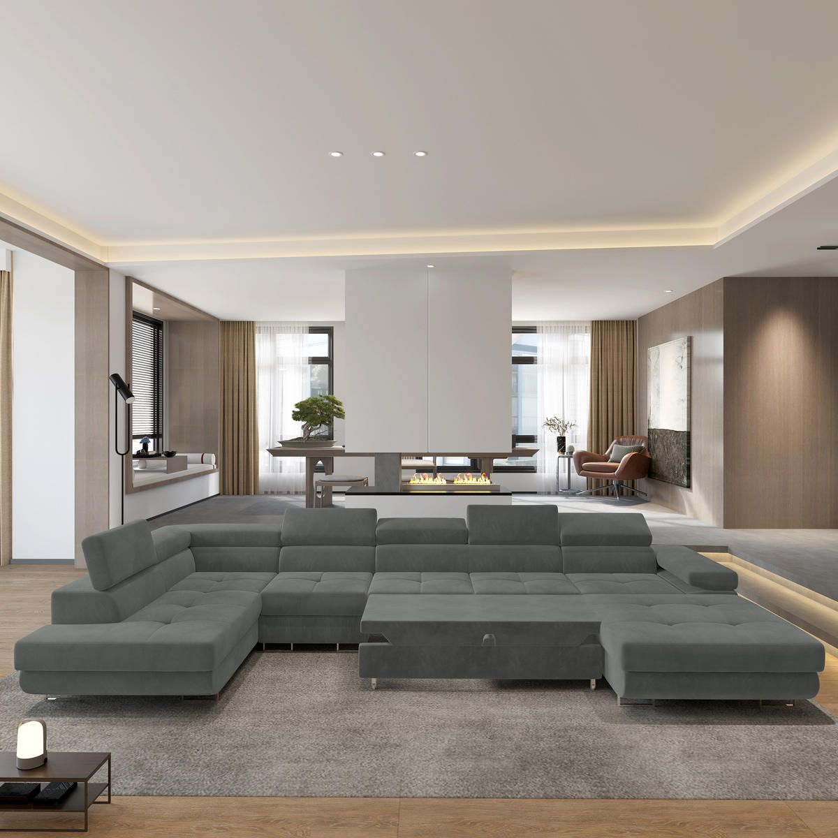 WOHNLANDSCHAFT VELORA L-S Grau Velours-Stoff mit Schlaffunktion - Grau, Holz (419/90/202cm) - MASSENO