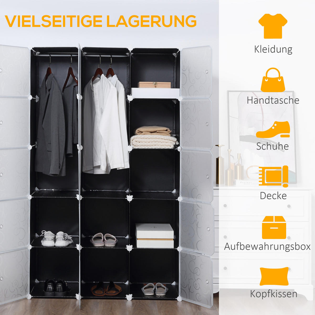 KLEIDERSCHRANK mit 2 große und 9 kleinen Würfeln, Schwarz, 111 x 47 x 183 cm - Schwarz, Metall (111/183/47cm) - HOMCOM