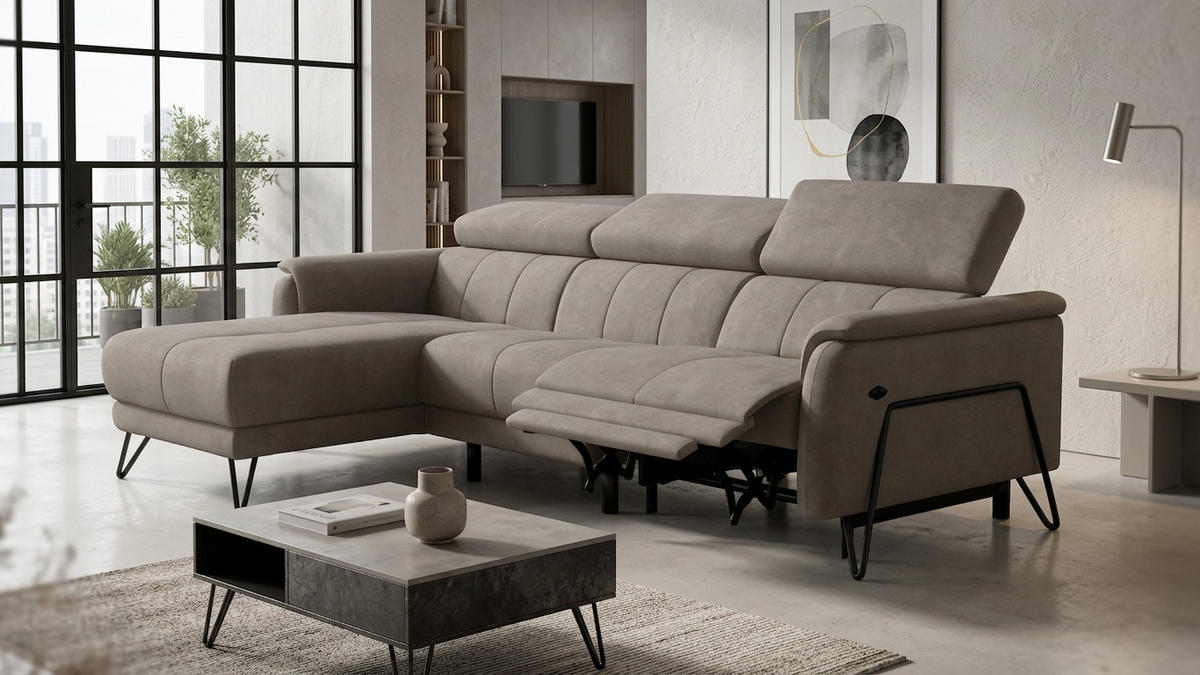 ECKSOFA RODEN 4-Sitzer mit Relax, beige, Veloursstoff - Beige, Holz/Textil (268/92cm) - Wozimo