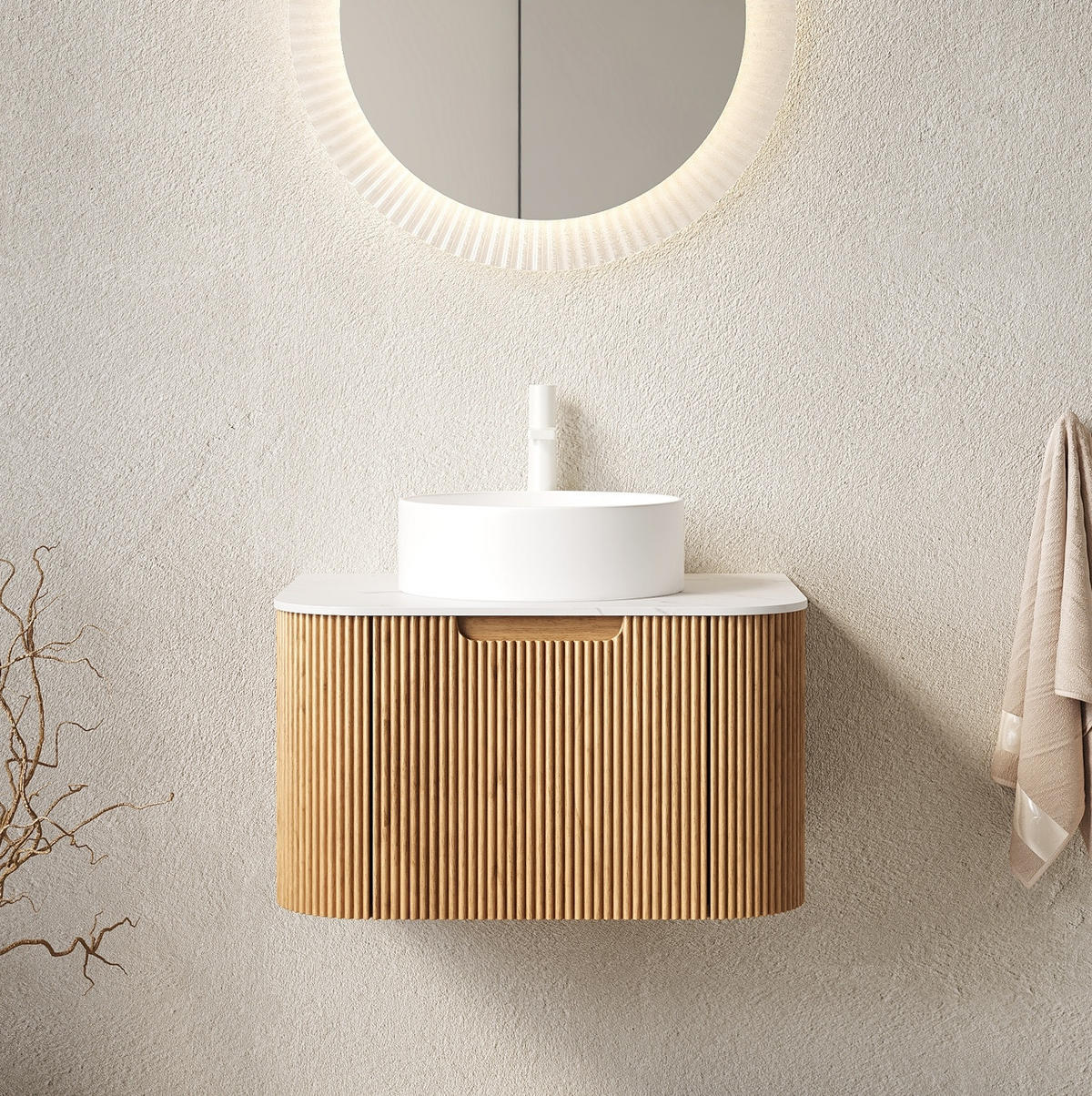 WASCHTISCHKOMBI mit Aufsatzbecken und Soft-Close in Naturholzoptik - Naturfarben, Keramik (61/49/48cm) - BEAOK