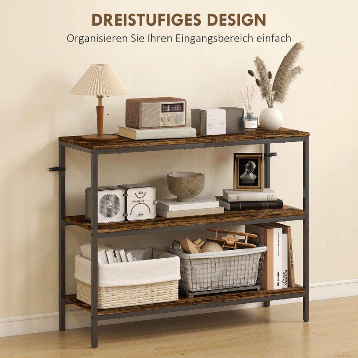 KONSOLENTISCH DE-37184 mit 3-stufigem Regal Hellbraun/Schwarz - Braun, Holzwerkstoff (101/35/80cm) - ComfortXL