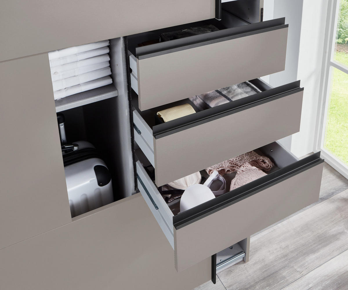 SCHWEBETÜRENSCHRANK 3-türig B270/H208/64 cm, Sandgrau, Mitteltür Glas, Kleiderschrank mit Schubladen & Vollausstattung, / 22614 - Sandfarben/Graubraun, Holzwerkstoff/Metall (270/208/64cm) - luma-home