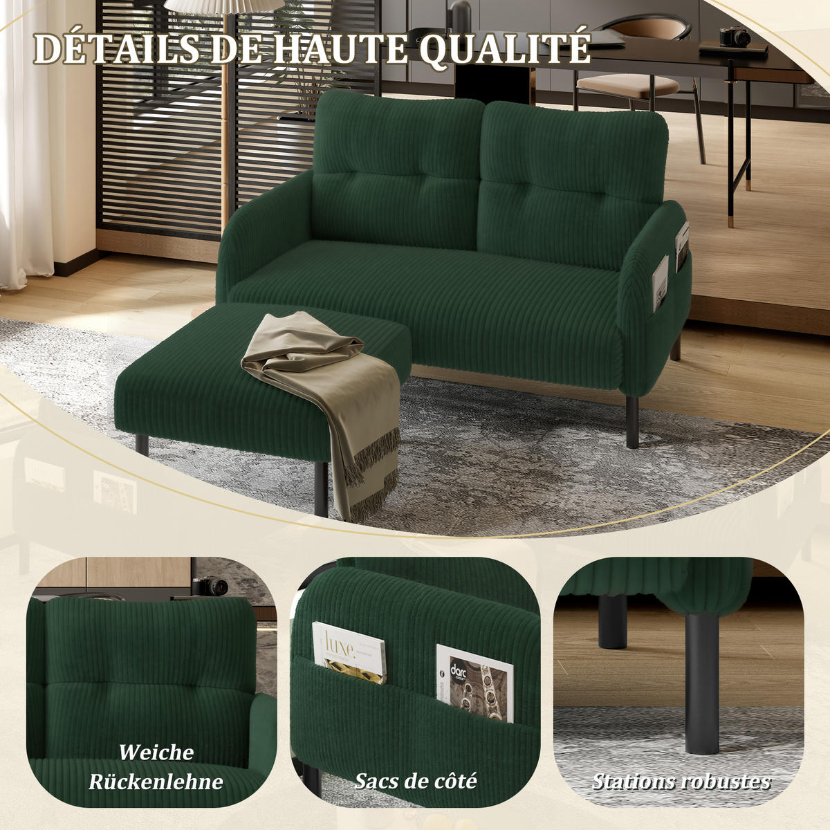 2-SITZER SOFA Cord Emerald mit Seitentasche - Grün, Textil/Metall (120/79/75cm) - WISHDOR