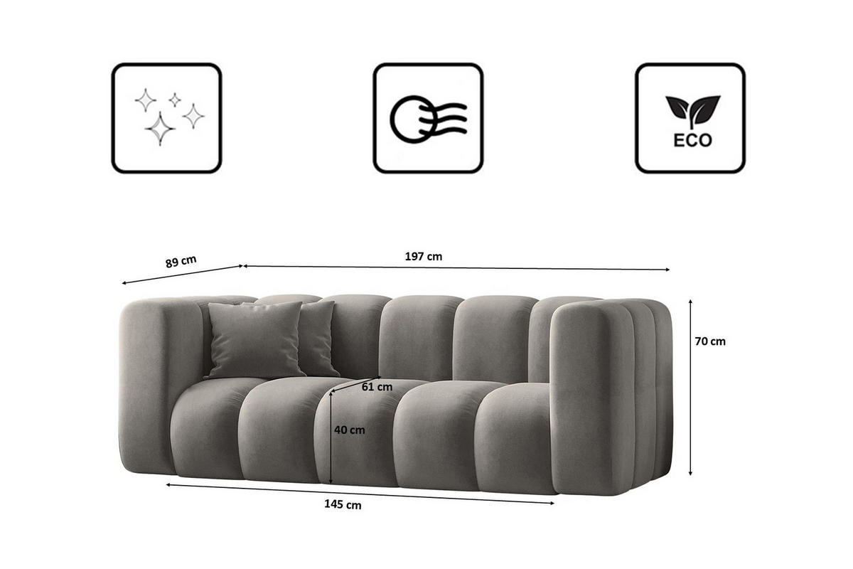 COUCH Sofa, Zweisitzer-Sofa Grand Modular Stoff Salvador Grau - Hellgrau, Holz (197/70/91cm) - Kaiser Möbel