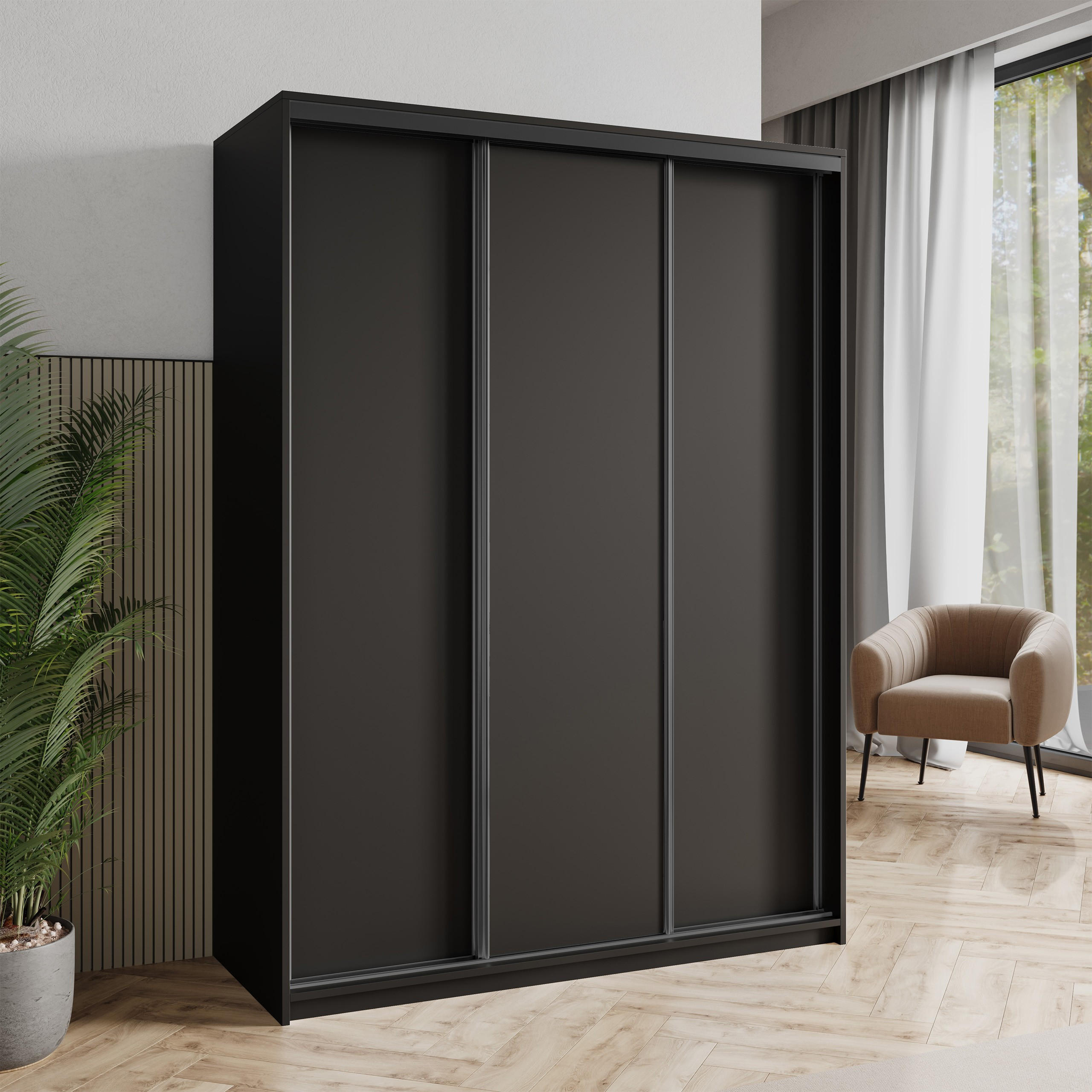 SCHWEBETÜRENSCHRANK NISSE 150/205/60 cm 3-türig Schwarz - Schwarz, Holzwerkstoff (150/205/60cm) - MASSENO