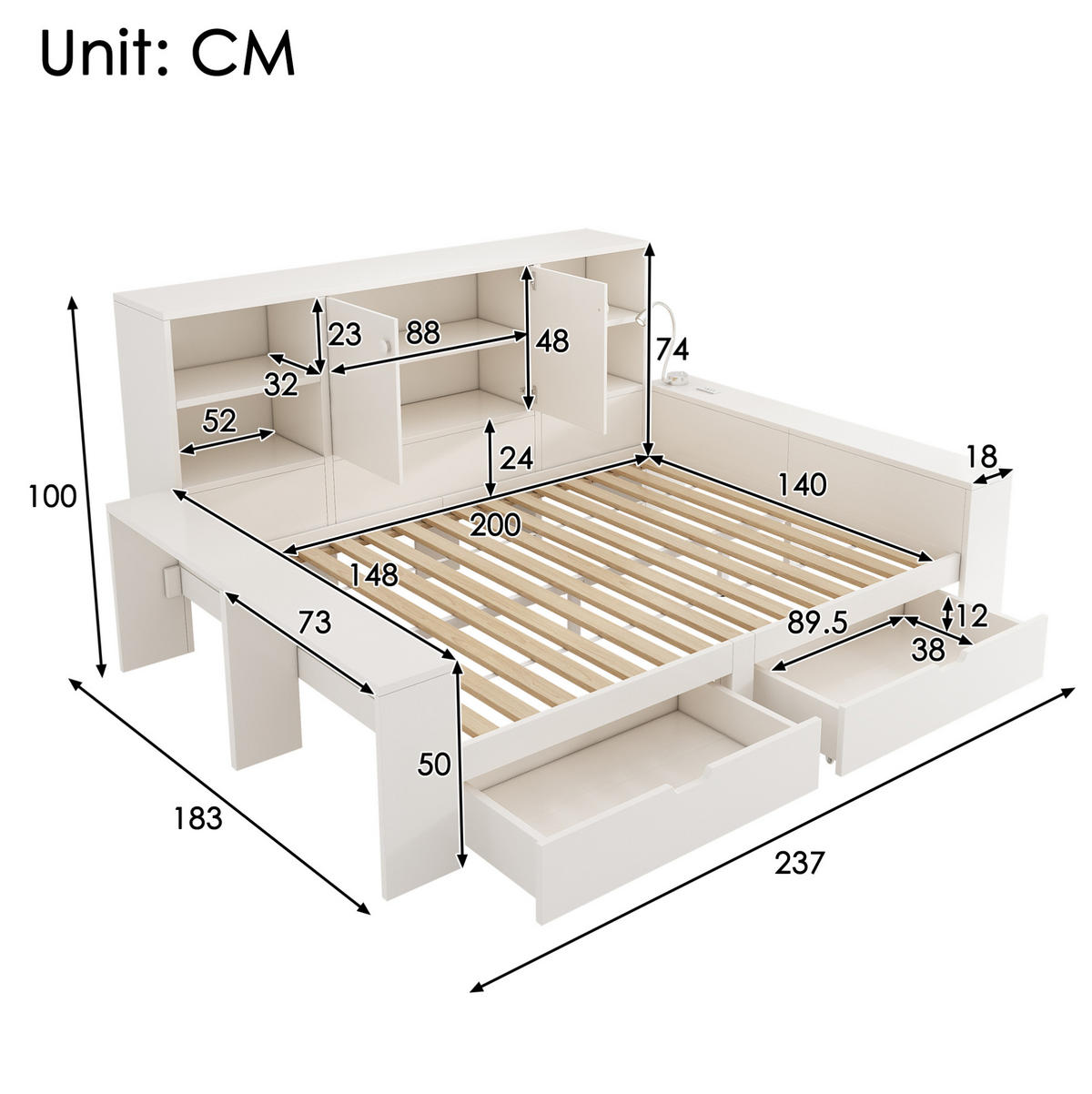 POSTEĽ s úložným priestorom 140/200 cm biela s USB, zásuvkami a policami z MDF a preglejky - biela, kompozitné drevo (140/200cm) - OKWISH