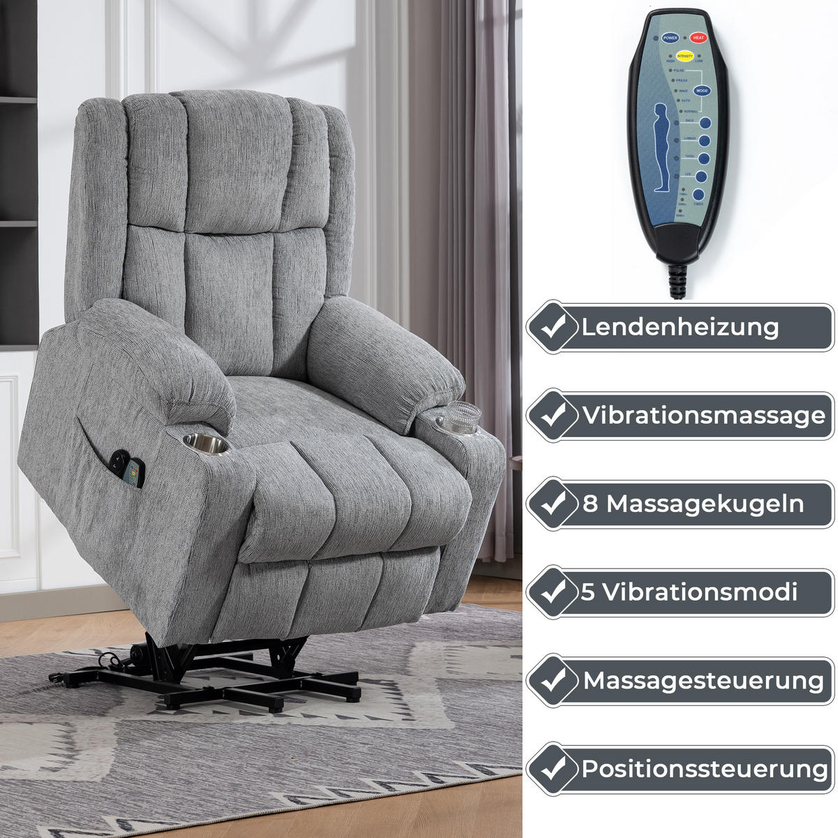 ELEKTRISCHER Relaxsessel Samt mit Aufstehhilfe, Massage, Wärme 91/84/106 cm Hellgrau - Hellgrau, Textil (84/106/91cm) - Redom