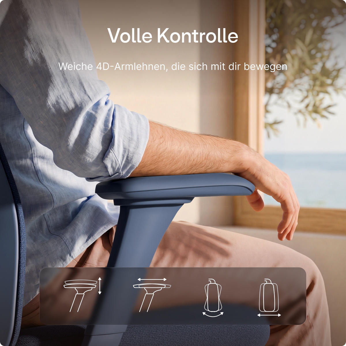 BÜROSTUHL Verstellbarer Ergonomischer SitOne Blau 4-Dimensional Armlehne, Integrierte 4-Wege-Lendenwirbelstütze - Blau, Kunststoff (60/125/68cm) - Desktronic
