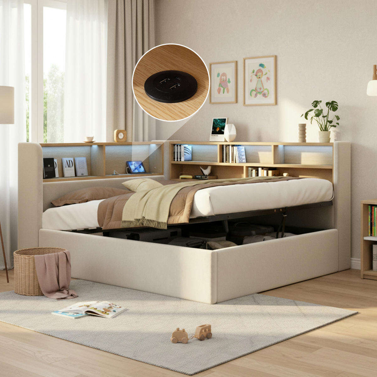 POLSTERBETT 140/190 cm in Beige Samt mit Bettkasten, LED und USB/Type-C - Beige, Holzwerkstoff/Textil (140/190cm) - WISHDOR
