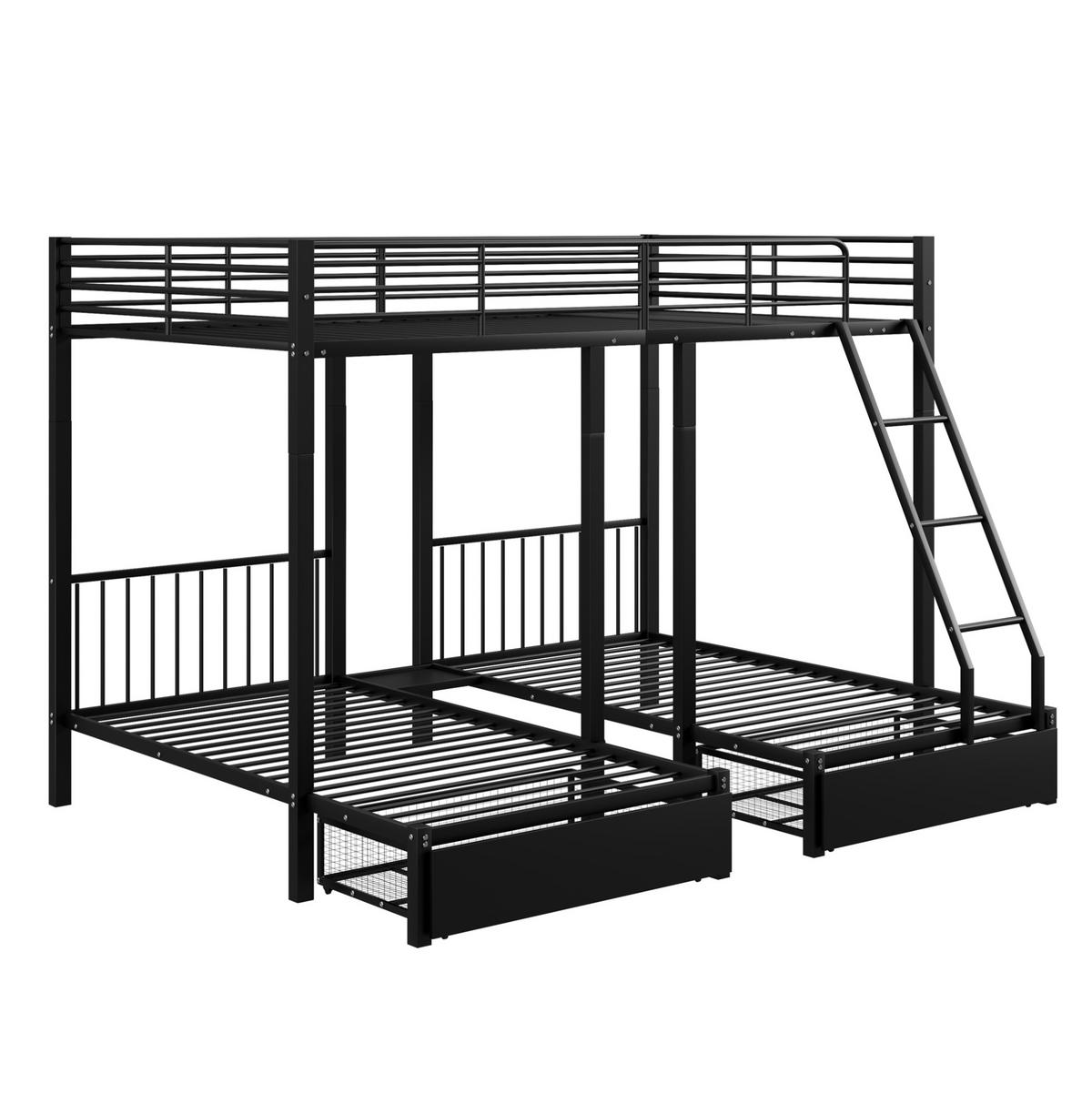 POSCHODOVÁ posteľ 140/200 a 2x 90/200 cm čierna rozložiteľná s úložnými zásuvkami z kovu - čierna, kov (140/200cm) - OKWISH