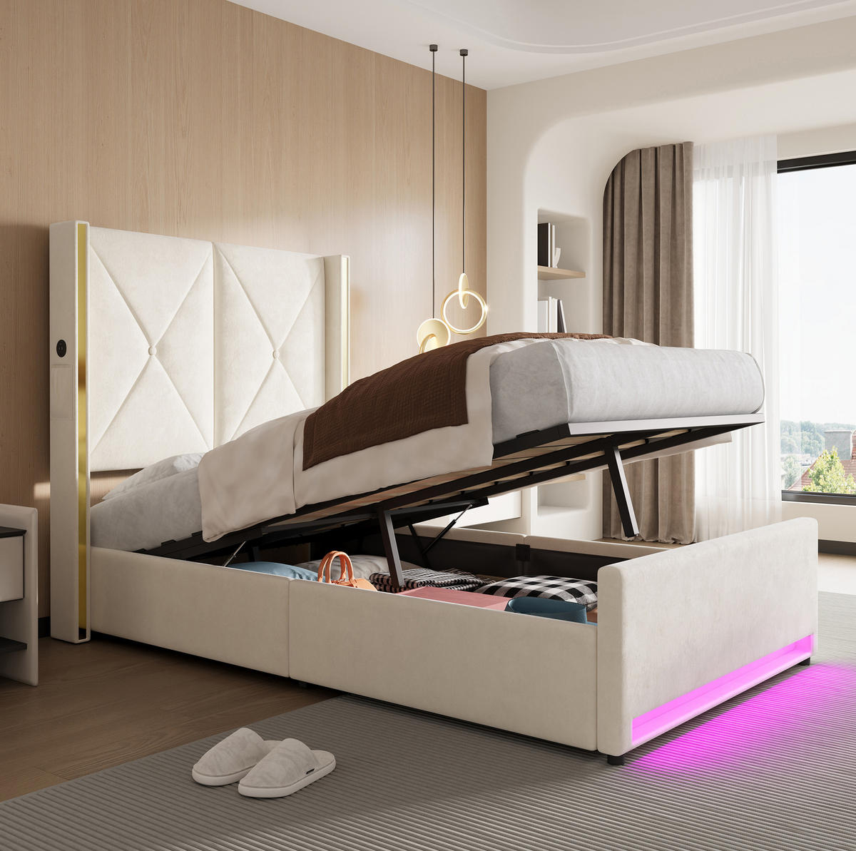POLSTERBETT 90x200 cm in Beige mit Stauraum, LED und USB-/Type-C-Anschlüssen - Beige, Textil (90/200cm) - IVMEU