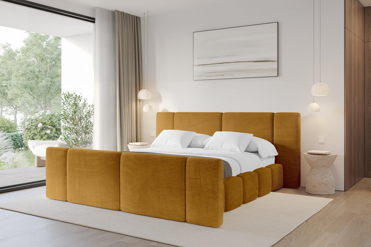 POLSTERBETT mit Bettkasten, Fußteil und Lattenrost, Bett mit Matratze H3/H4 - NILO-Z 200x200 Senfgelb - Currygelb, Holzwerkstoff/Textil (200/200cm) - ALTDECOR