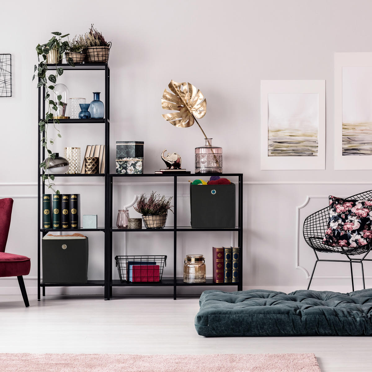 4XŠKATLA za shranjevanje - črna, kovina/tekstil (30/30/30cm) - Relaxdays