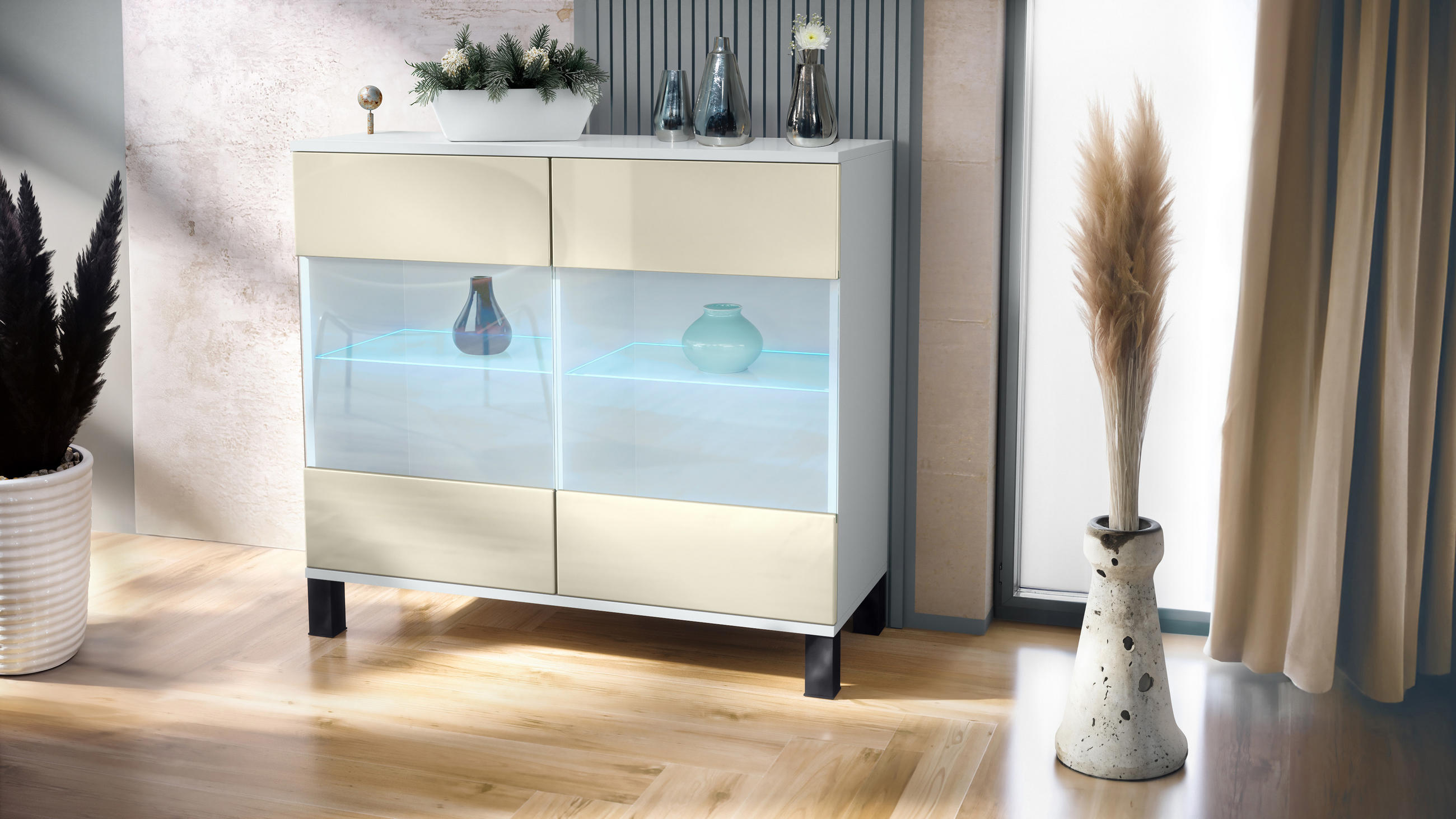 KOMMODE Bari Creme Hochglanz - Creme, Holzwerkstoff (92.5/84.5/35cm) - Vladon