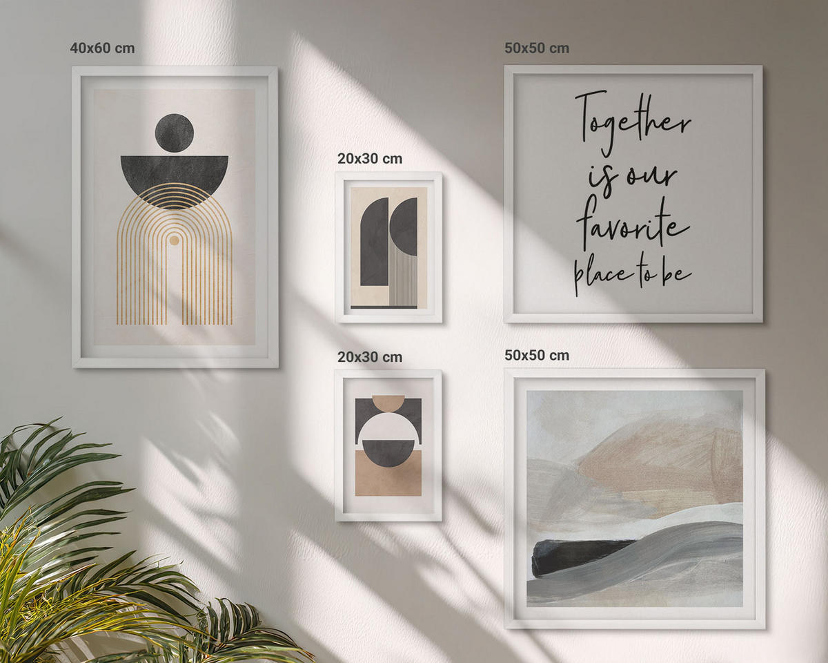 BILDER SET 5er Set - 50x50 cm & 20x30 cm & 40x60 cm Weißer Rahmen - Abstrakte Formen beige braun - Weiß, Kunststoff (40/60cm) - TULUP
