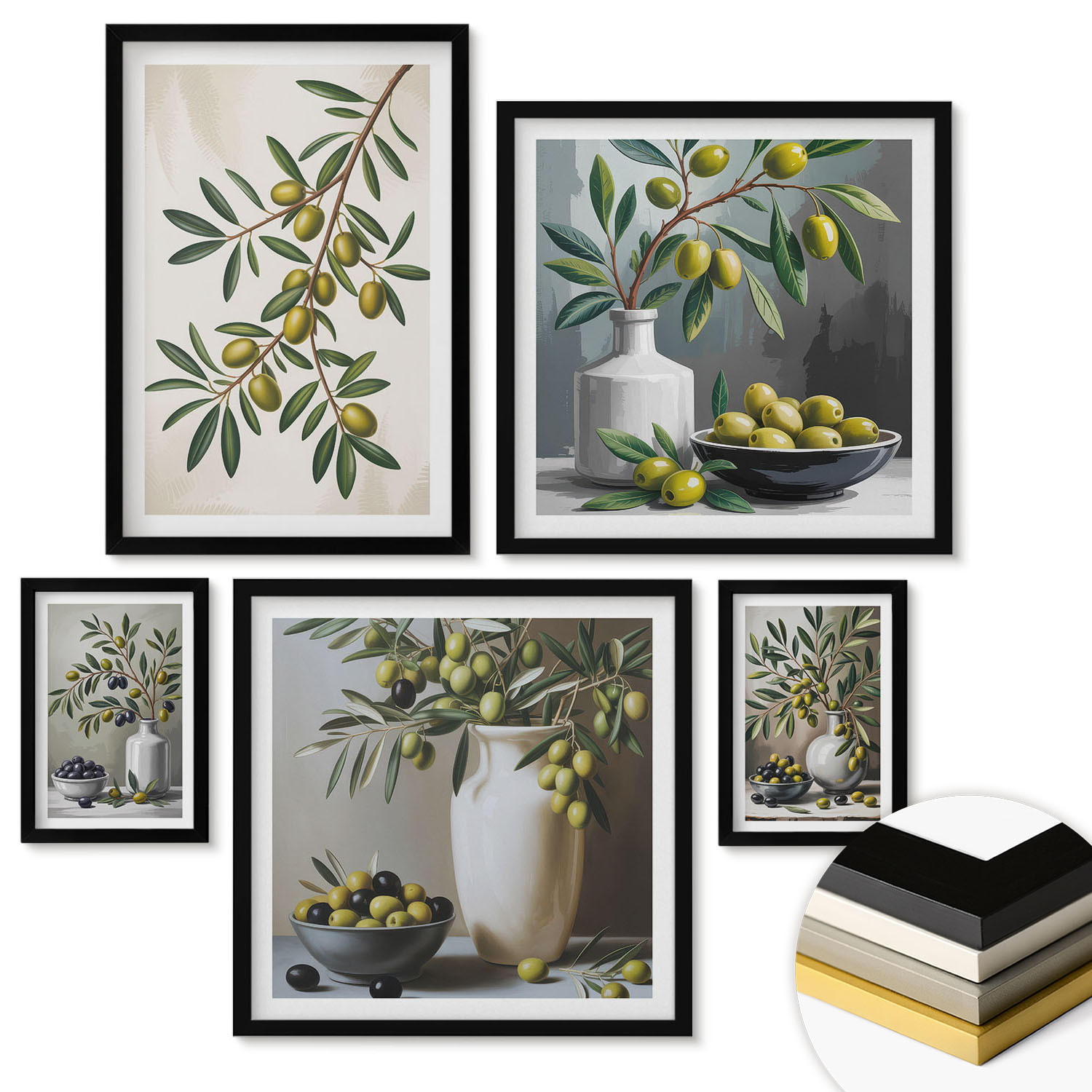 WANDBILDER 5er-Set - 50x50 cm & 20x30 cm & 40x60 cm Schwarzer Rahmen - Oliven in grauen Vasen - Schwarz, Kunststoff (40/60cm) - ArtPrintCave