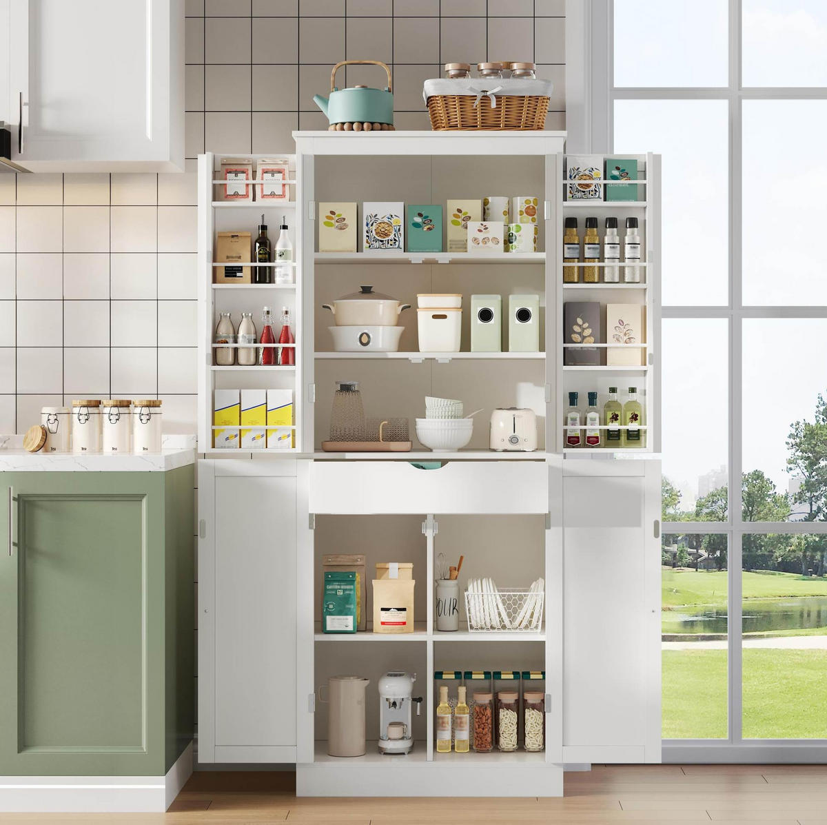 BUFFET 75/40/182 cm aus MDF mit versteckter Schublade und Türablagen Weiß - Weiß, Holzwerkstoff (75/180/40cm) - Modenvie