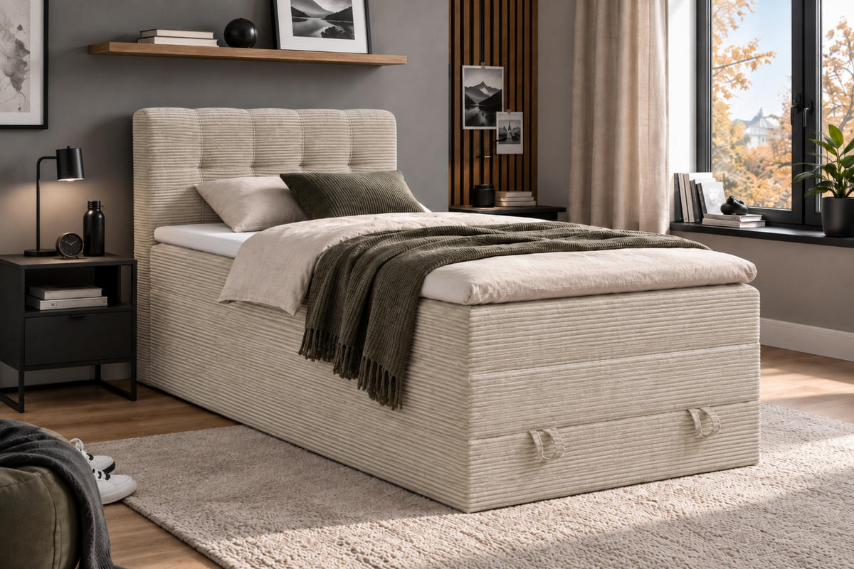 BOXSPRINGBETT JUNG 2 100/200 Cord Creme mit Matratzen H3 + H4 - Creme, Holz/Holzwerkstoff (100/200cm) - Deine Möbel 24