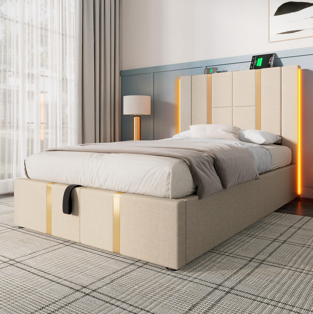 POLSTERBETT 90/200 cm Beige mit Stauraum, LED-Beleuchtung und USB-/Type-C-Anschlüssen - Beige, Textil (90/200cm) - Flora Grace