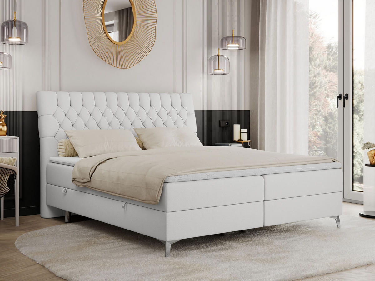 BOXBETT MILEN 160/200 Weiß Kunstleder - H4 - Weiß, Holz/Textil (160/200cm) - MKS