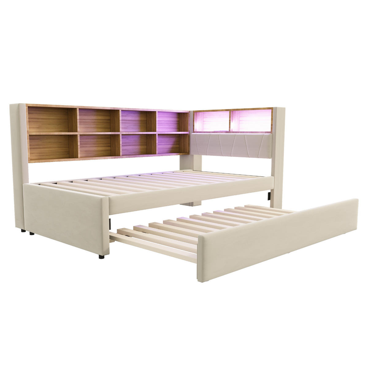AUSZIEHBETT 90/200 cm Flanell Beige mit LED-Beleuchtung und Ladeanschlüssen - Beige, Textil (90/200cm) - OKWISH
