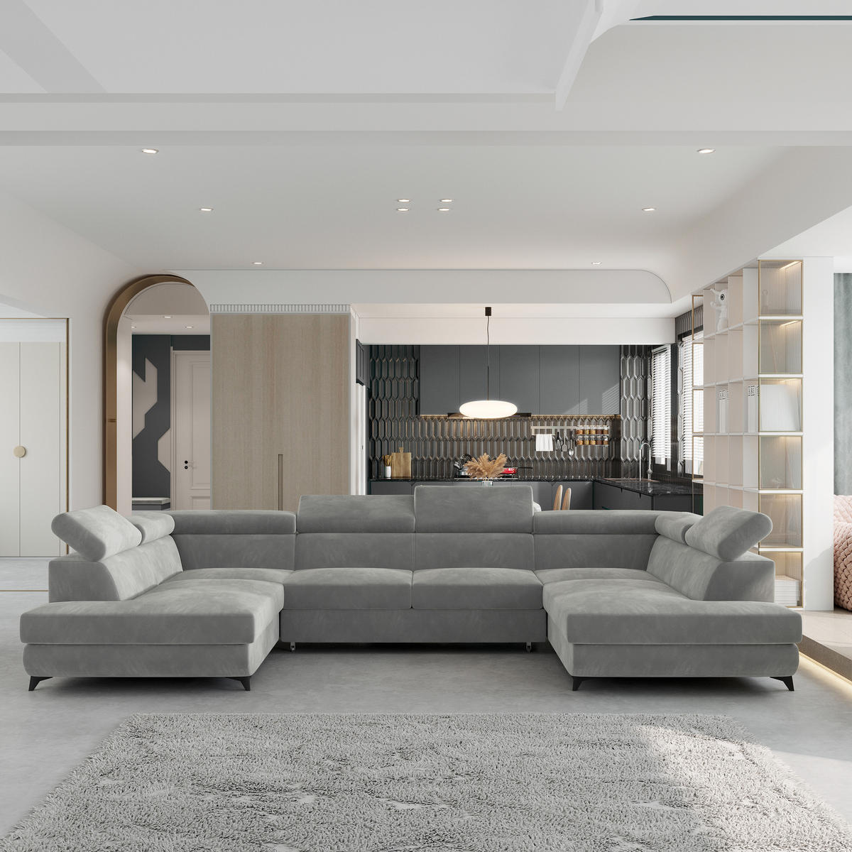 ROHOVÁ SEDAČKA VINTESSA světle šedá - černá/světle šedá, kov/dřevo (323/190cm) - MASSENO