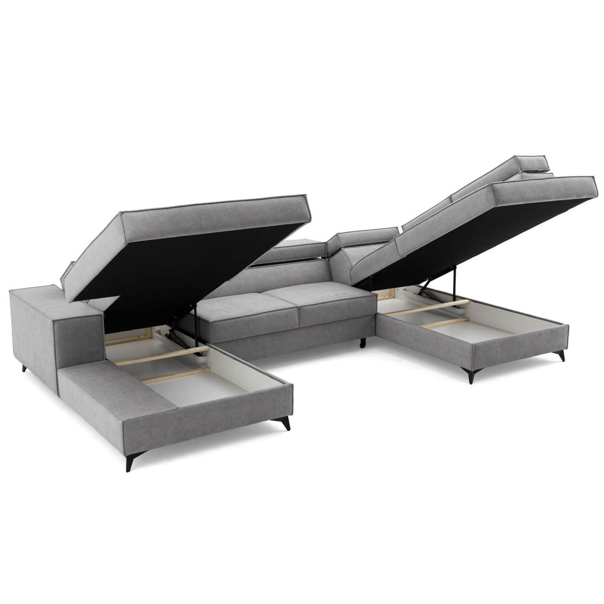 ECKSOFA PURE U Rechts mit Schlaffunktion 127x270 Velours Hellgrau - Hellgrau/Schwarz, Holz/Textil (204/340cm) - Muffo