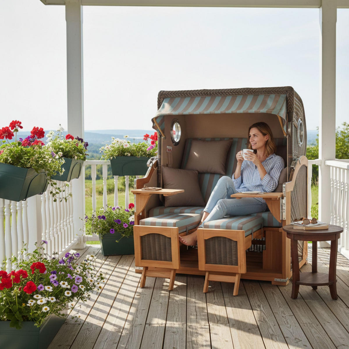 STRANDKORB Düne Grande Bullauge Teak PE Grey Dessin 520 - Braun/Grau, Metall (142/170/95cm) - Mr. Deko