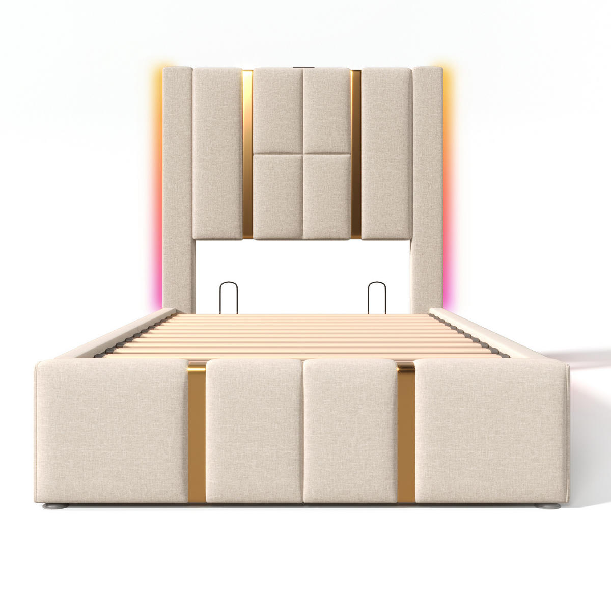 POLSTERBETT mit Stauraum, LED und Matratze 90x200 cm Beige - Beige, Metall (90/200cm) - Meubliv