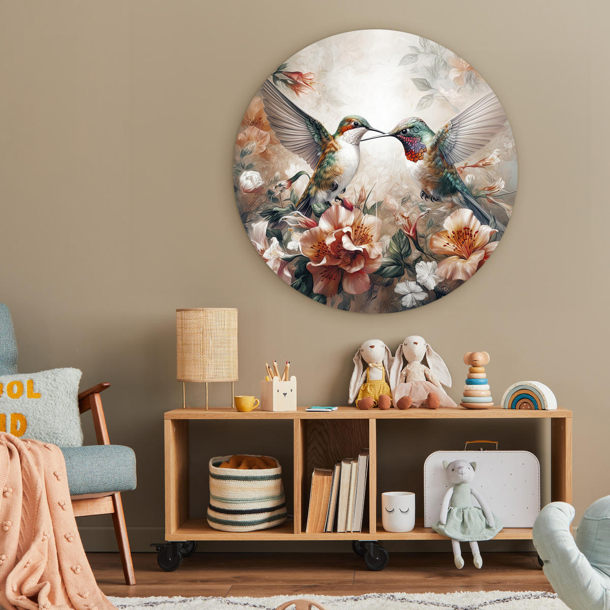 WANDBILD Kolibri - Vögel - Blumen - Natur 90x90 cm - Altrosa, Kunststoff (90/90cm) - MuchoWow