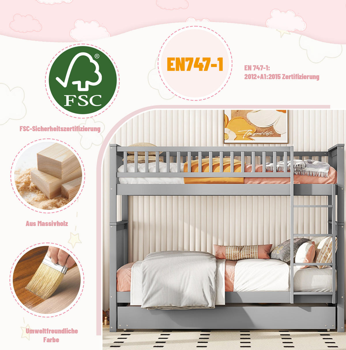 ETAGENBETT 90/200 cm mit Ausziehbett, abnehmbaren Liegeflächen und Treppe, Grau - Grau, Holzwerkstoff (90/200cm) - Redom
