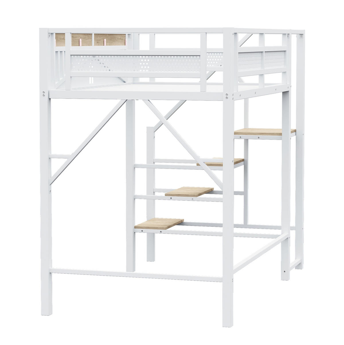 HOCHBETT 140/200 cm aus Metall und Holz mit Sicherheitsleiter, Weiß - Weiß, Metall (140/200cm) - OKMYHOME