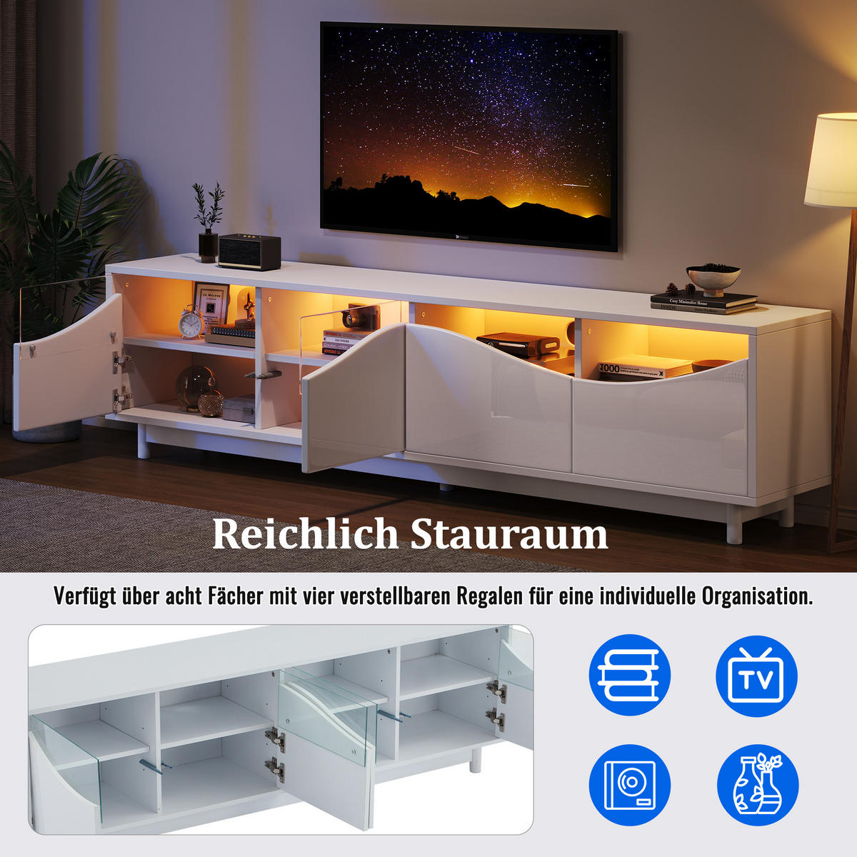 TV-ELEMENT in Weiß TV Schrank mit Stauraum,LED-Beleuchtung für Wohnzimmer B175/T38/H51cm - Weiß, Glas/Holzwerkstoff (175/51/38cm) - STILVORA