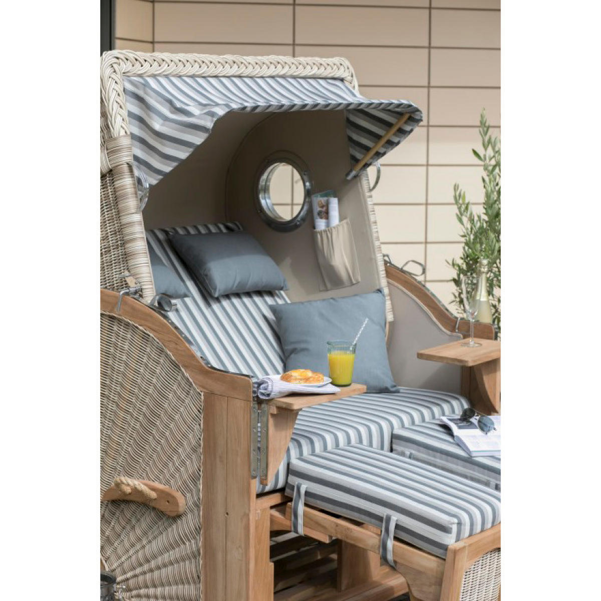 STRANDKORB Düne 2-Sitzer Teak Shell Bullauge - Braun/Grau, Holz/Metall (125/170/80cm) - Mr. Deko