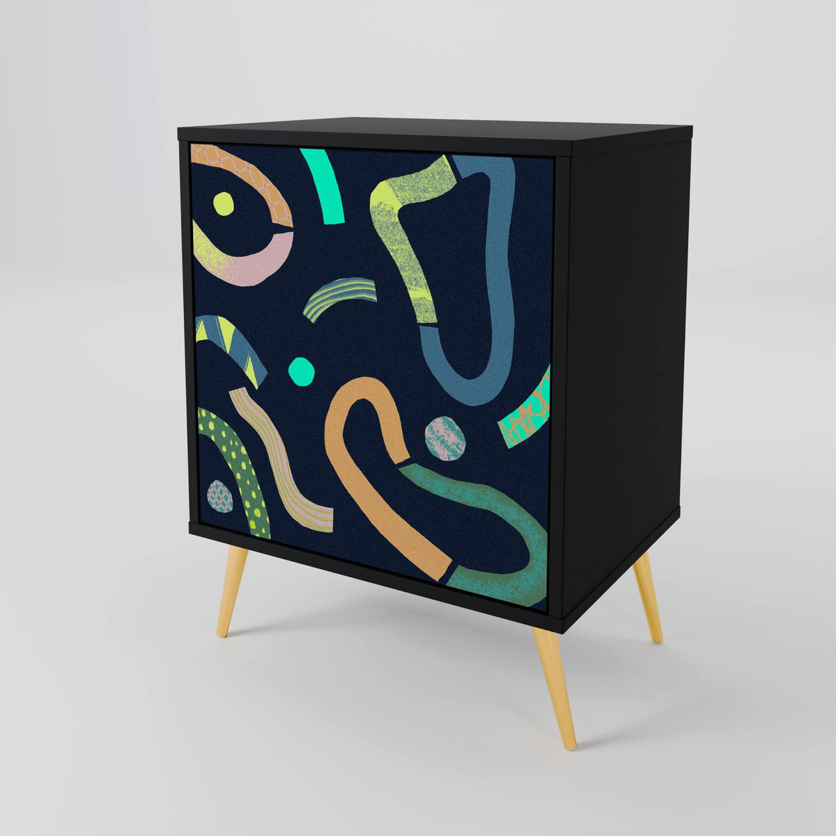 SIDEBOARD CONTRAST DANCE, Schwarz, 57,5x42x72,5 cm, Schwarze Metallfüße - Multicolor/Schwarz, Holzwerkstoff/Metall (57.5/72.5/42cm) - SpaceRebels