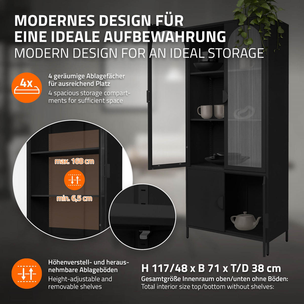 VITRINENSCHRANK 80x185x40 cm Schwarz aus Stahl mit 4 Türen - Schwarz, Metall (80/185/40cm) - ML-DESIGN