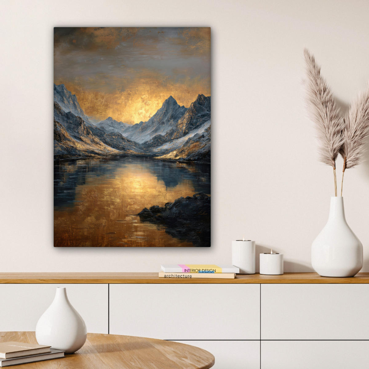 LEINWANDBILD Bergkulisse mit goldenem Sonnenuntergang Wandbild Wohnzimmer 60x80 cm - Goldfarben, Textil (60/80cm) - MuchoWow
