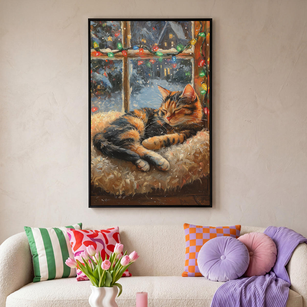 LEINWAND Bilder mit Rahmen - Katze - Weihnachten - Winter - Tier - 100x150 - Bernsteinfarben, Textil (100/150cm) - MuchoWow