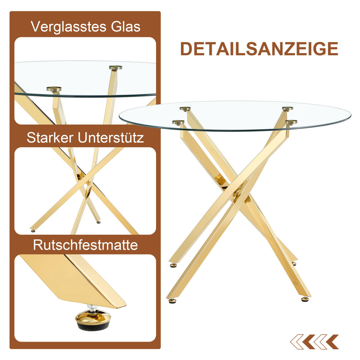 ESSTISCH runder mit goldenem Metallgestell 80/80/75 cm - Goldfarben, Metall (88/88/75cm) - Oxeza