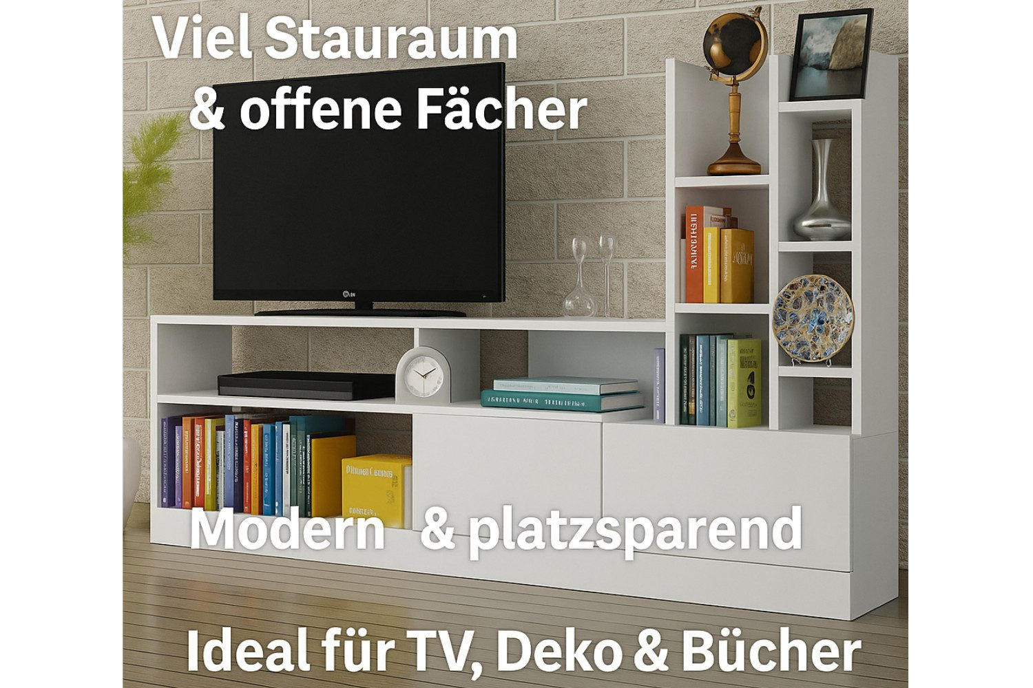 WOHNWAND TV-WAND 165 x 91,3 x 25 cm Weiß Wohnzimmermöbel - Weiß, Holzwerkstoff (165/25/25cm) - Ibonto