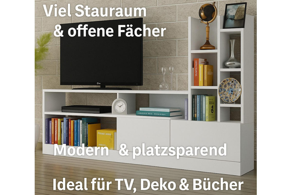 WOHNWAND TV-WAND 165 x 91,3 x 25 cm Weiß Wohnzimmermöbel - Weiß, Holzwerkstoff (165/25/25cm) - Ibonto