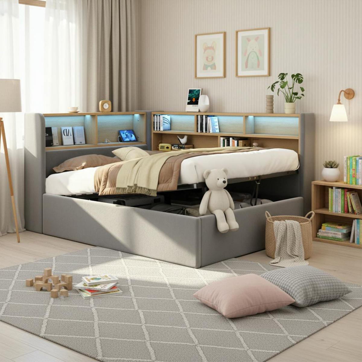 DENNÁ posteľ 90/200 cm sivá zo zamatu s hydraulickým úložným priestorom, LED a USB-C - sivá, textil (90/200cm) - OKWISH